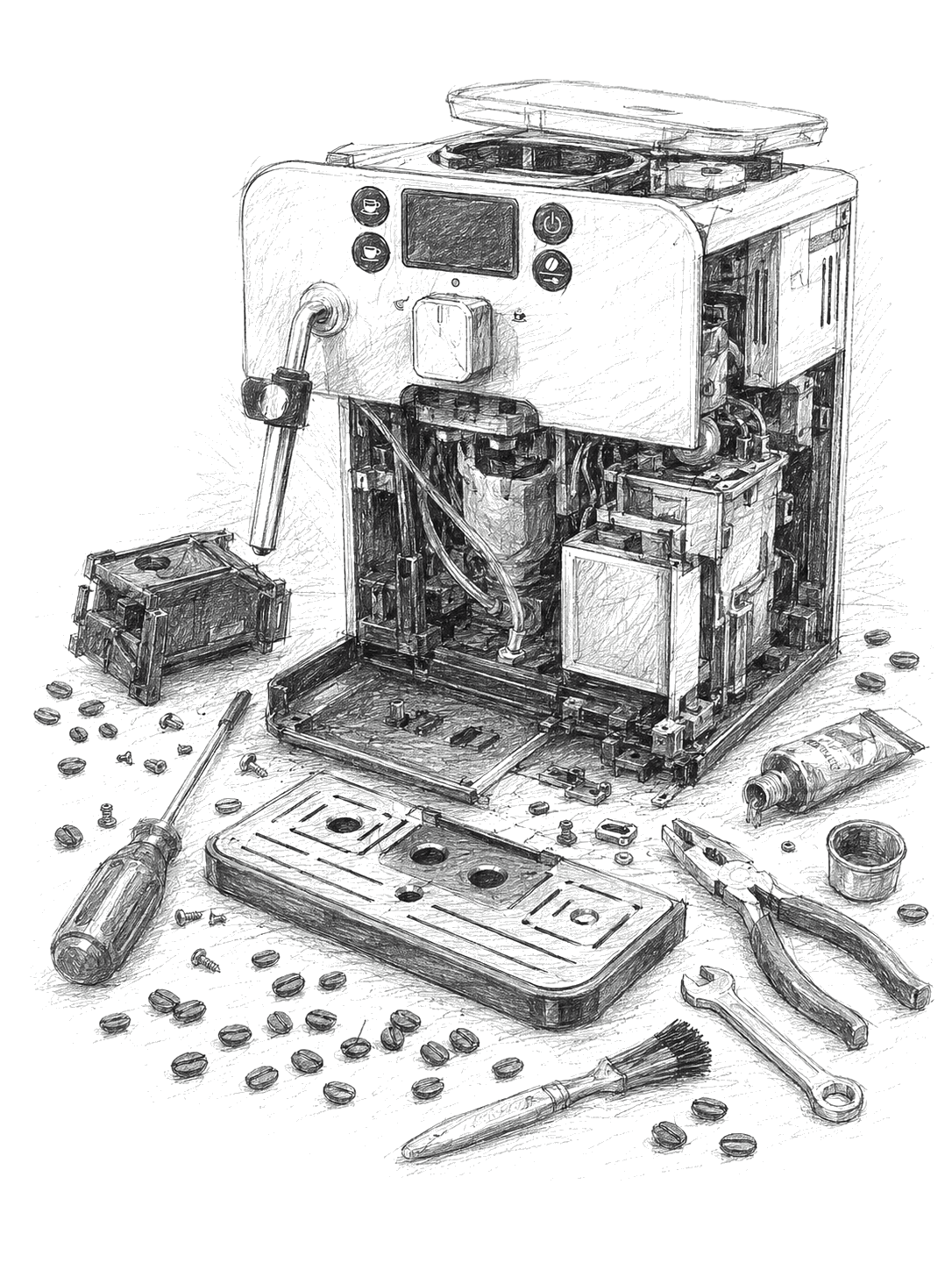 Disassembled espresso machine