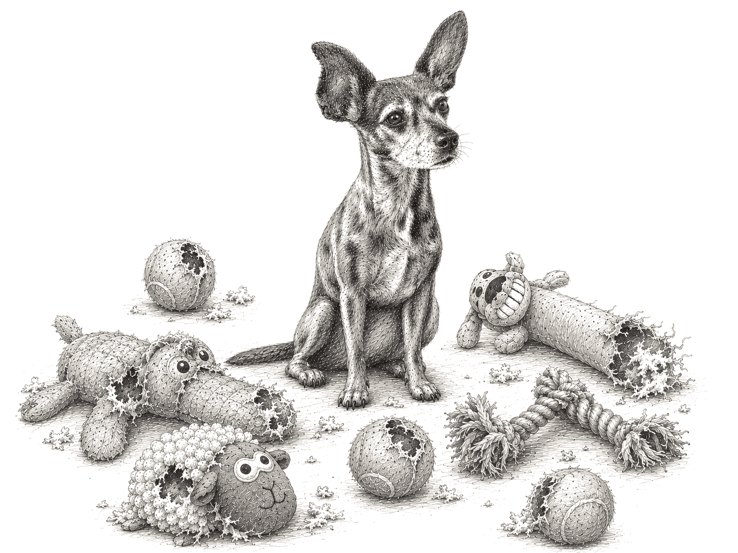 Pops the dog surrounded by destroyed toys